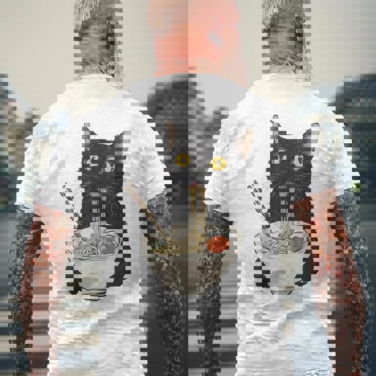 おもしろ猫 食べる 麺 ラーメン 日本猫 食べる 麺 メンズTシャツ バックプリント 高齢者への贈り物