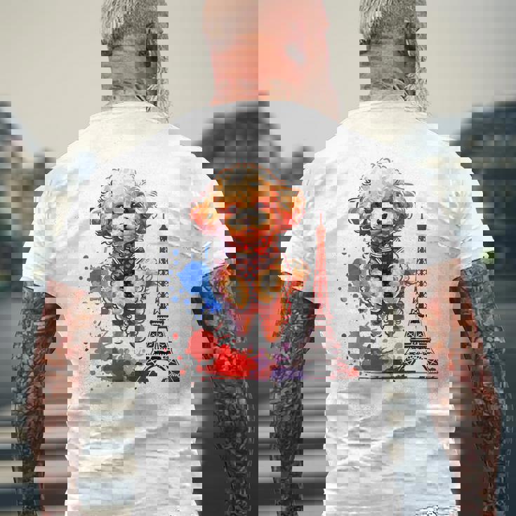 かわいい フランス パリ エッフェル塔 トイプードル パリ ジャンプ 子犬 メンズTシャツ バックプリント 高齢者への贈り物