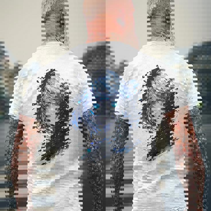 アニメ 漫画 グラフィック 青い目 アート アニメ メンズTシャツ バックプリント 高齢者への贈り物