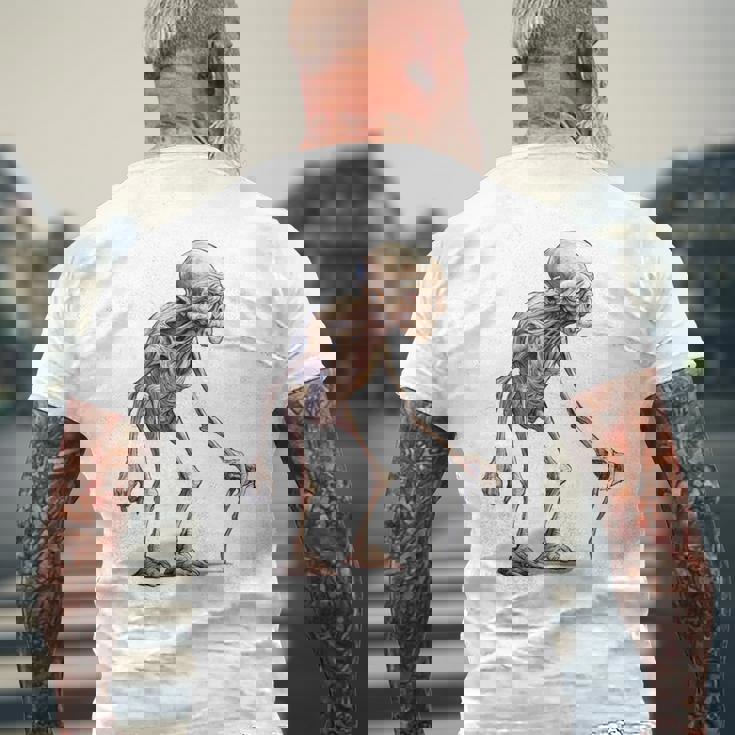 エイリアン スケルトン クリーチャー 松葉杖 スティック メンズTシャツ バックプリント 高齢者への贈り物