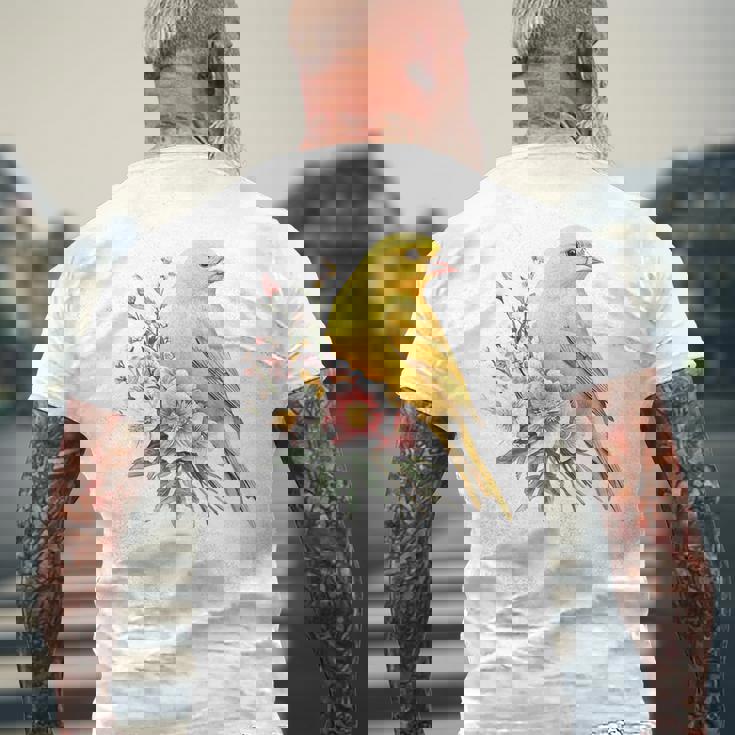 カナリアの鳥好き、ピンクの花のかわいい鳥、自然。 メンズTシャツ バックプリント 高齢者への贈り物