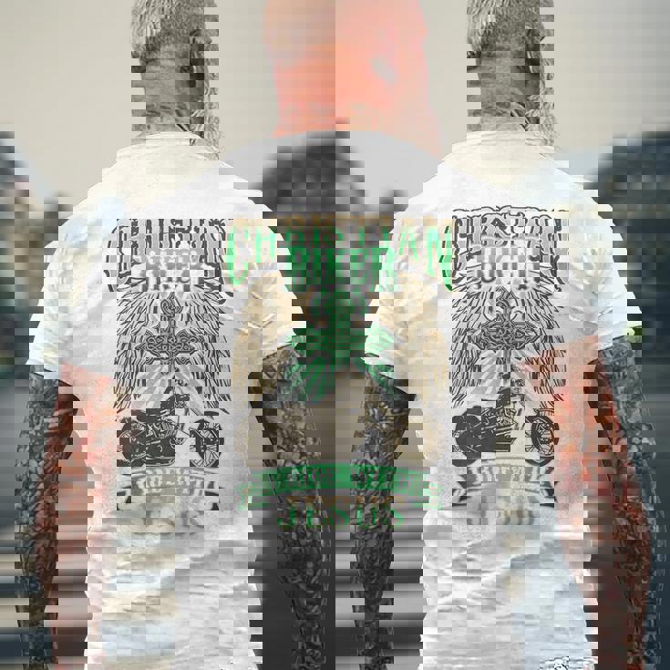 キリスト教バイカーライドウィズジーザスオートバイバックプリントデザイン メンズTシャツ バックプリント 高齢者への贈り物