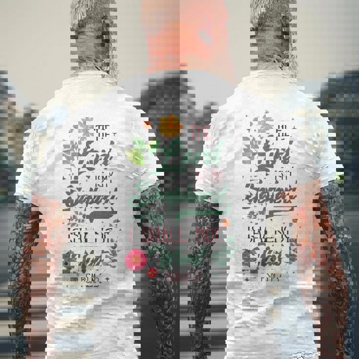 キリスト教聖書の詩 主は私の羊飼い 詩篇 23 花 メンズTシャツ バックプリント 高齢者への贈り物