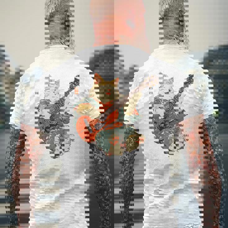 ギターを弾く日本の侍猫 忍者 浮世絵 アニメ メンズTシャツ バックプリント 高齢者への贈り物