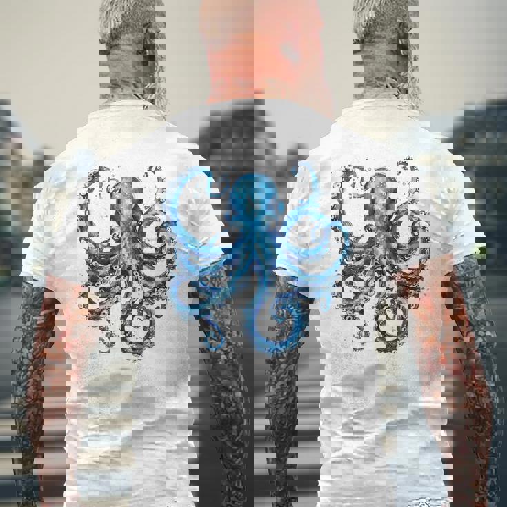 クール ブルー タコ 海 海 好き 触手 タコ好き メンズTシャツ バックプリント 高齢者への贈り物