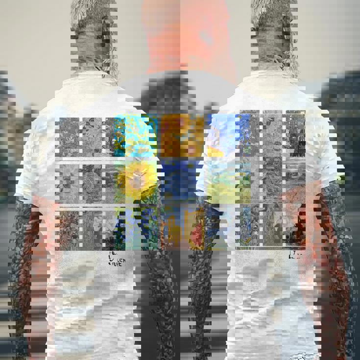 ゴッホの絵画、ひまわり、星月夜 メンズTシャツ バックプリント 高齢者への贈り物