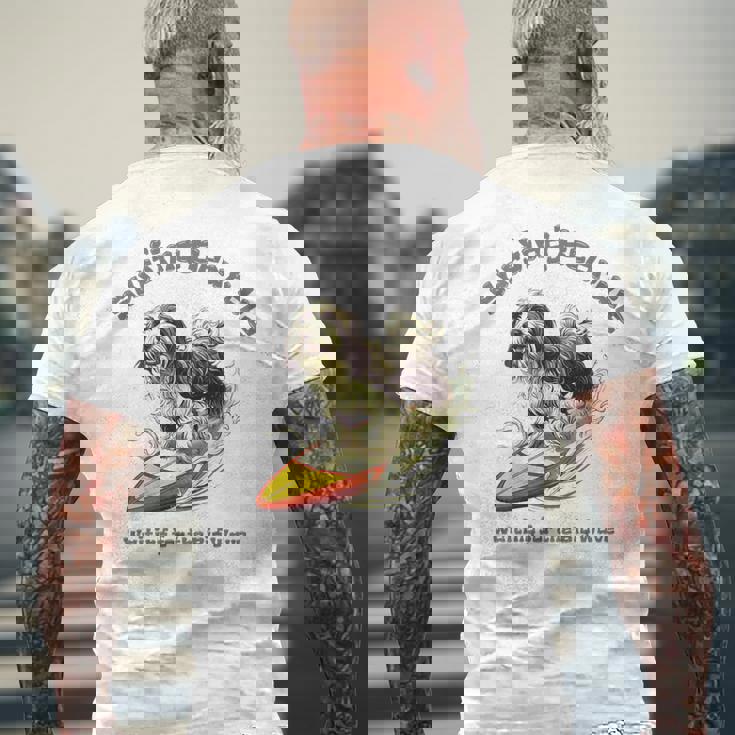 サーフィン 犬 ビアデッドコリー かわいい 面白い メンズTシャツ バックプリント 高齢者への贈り物