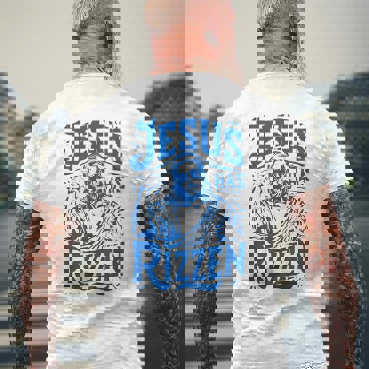 ジーザス・ハズ・リズン・ファニー・ジーザス・ミームリズ・ヤング・クリスチャン メンズTシャツ バックプリント 高齢者への贈り物