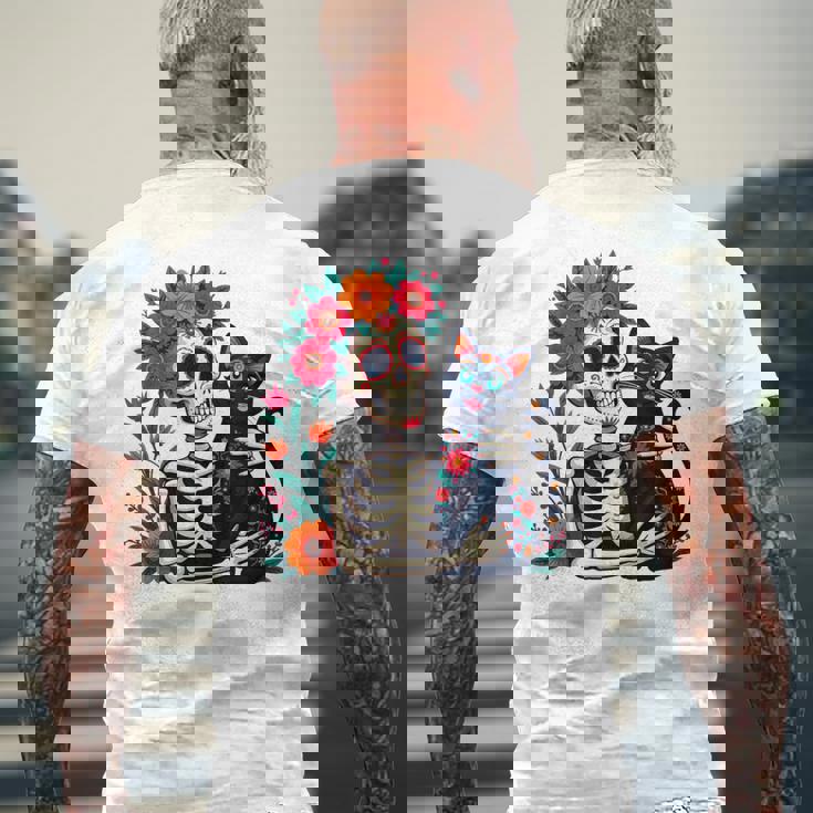 スケルトン ハグ 猫 シュガー スカル Día Los Muertos ハロウィン メンズTシャツ バックプリント 高齢者への贈り物