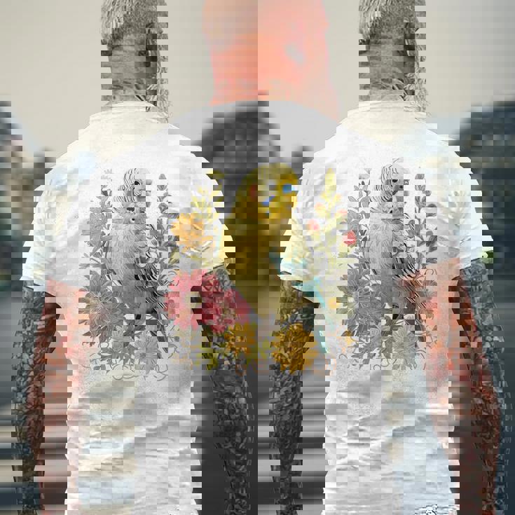 セキセイインコ 鳥 ママ セキセイインコ オウム ヴィンテージフラワー メンズTシャツ バックプリント 高齢者への贈り物