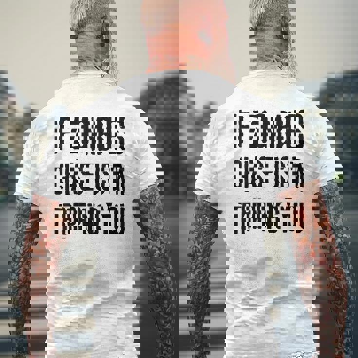 ゾンビに追われたらつまずくよおもしろいハロウィン メンズTシャツ バックプリント 高齢者への贈り物