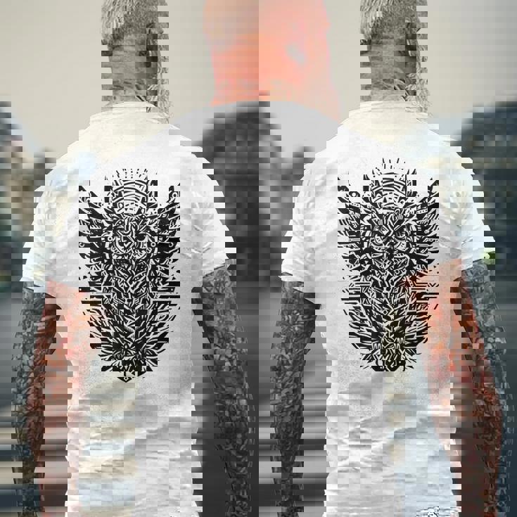 トライバル グレートフクロウ トーテム タトゥー 幾何学模様 メンズTシャツ バックプリント 高齢者への贈り物