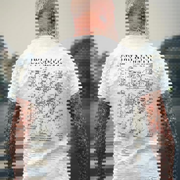 ドラムセットキット ヴィンテージ パテントドラマー ドローイングプリント メンズTシャツ バックプリント 高齢者への贈り物