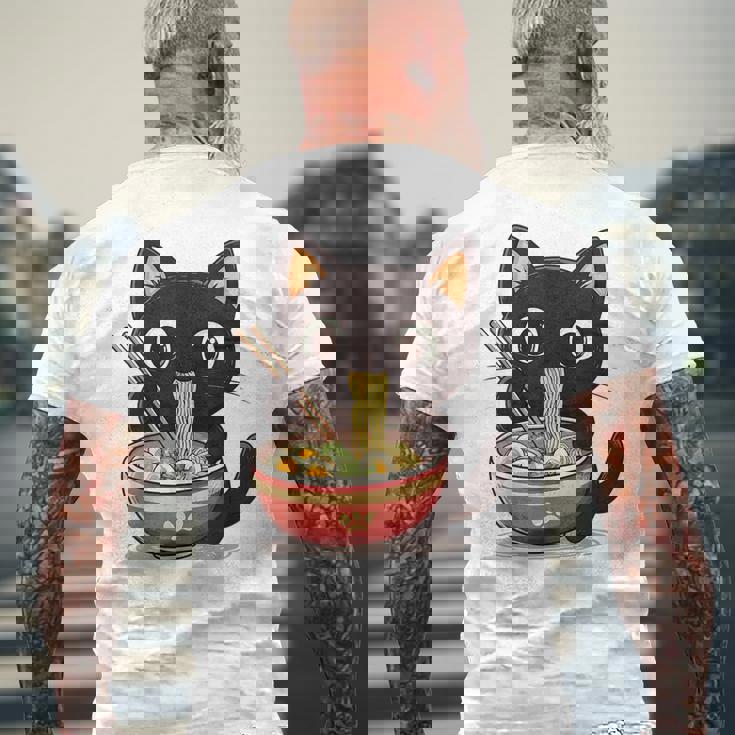 ヌードルキャット黒猫ラーメンデザイン メンズTシャツ バックプリント 高齢者への贈り物