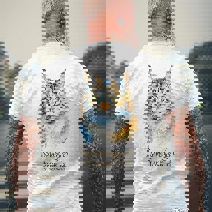 ノルウェージャンフォレストキャット 水彩画ポートレート2 メンズTシャツ バックプリント 高齢者への贈り物