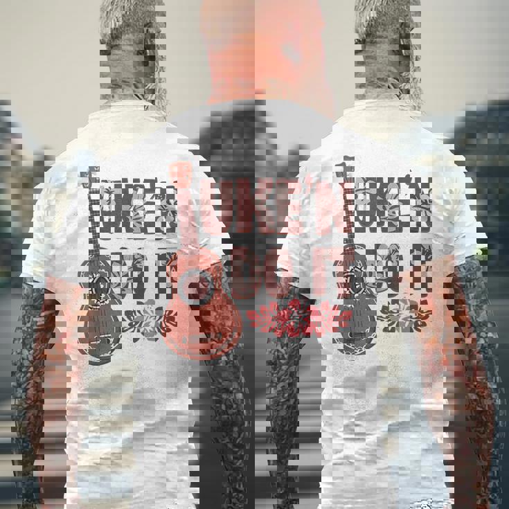 ハワイアンウクレレ ウケアンドドゥイットフラワー メンズTシャツ バックプリント 高齢者への贈り物