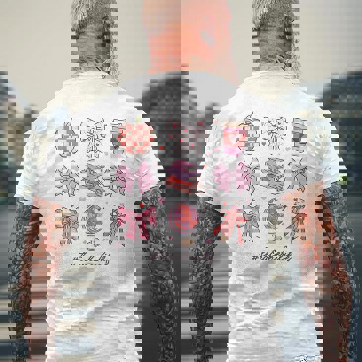 バレンタイン 教師 かわいい弓 アップル 地球儀 鉛筆 本 アート メンズTシャツ バックプリント 高齢者への贈り物