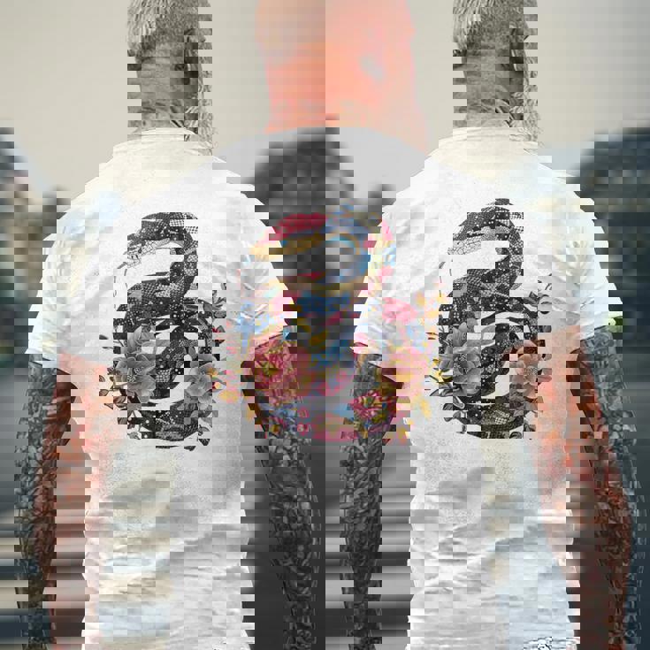 パイソン 蛇 フローラルボール パイソン タトゥーフラワー 蛇好き メンズTシャツ バックプリント 高齢者への贈り物