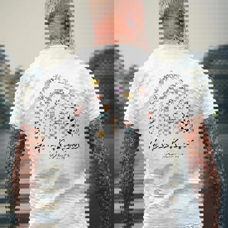 ヒ・イズ・ライゼン・フラワーズ・レインボー・ジーザス メンズTシャツ バックプリント 高齢者への贈り物