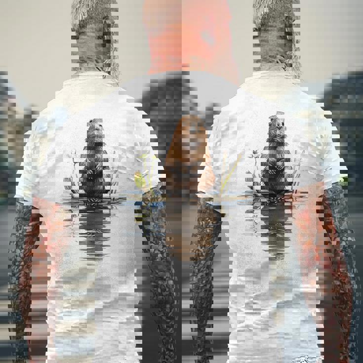 ビーバー 恋人 動物 アート イラスト グラフィック ビーバー メンズTシャツ バックプリント 高齢者への贈り物