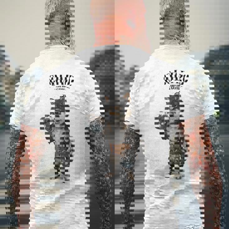 ブラック柴犬 筋トレ ダンベル付き フィットネスジム メンズTシャツ バックプリント 高齢者への贈り物