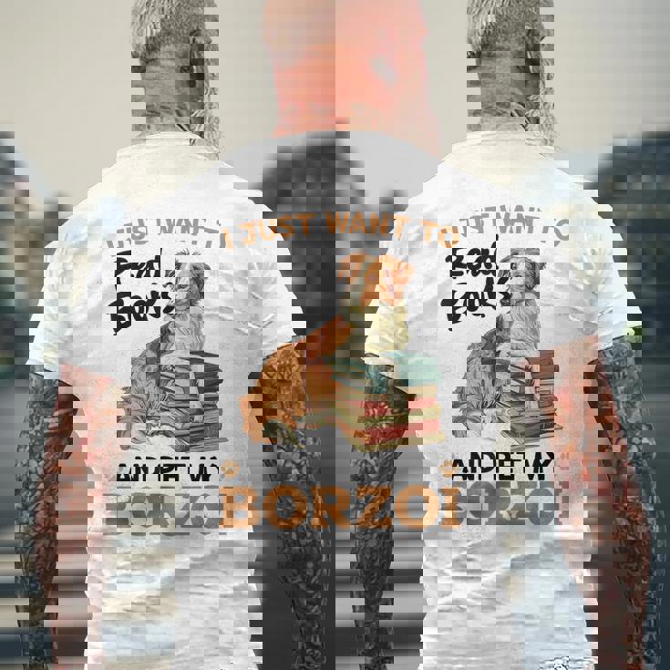 ボルゾイ・ドッグ・ブリード本を読んでボルゾイを撫でたいだけ メンズTシャツ バックプリント 高齢者への贈り物