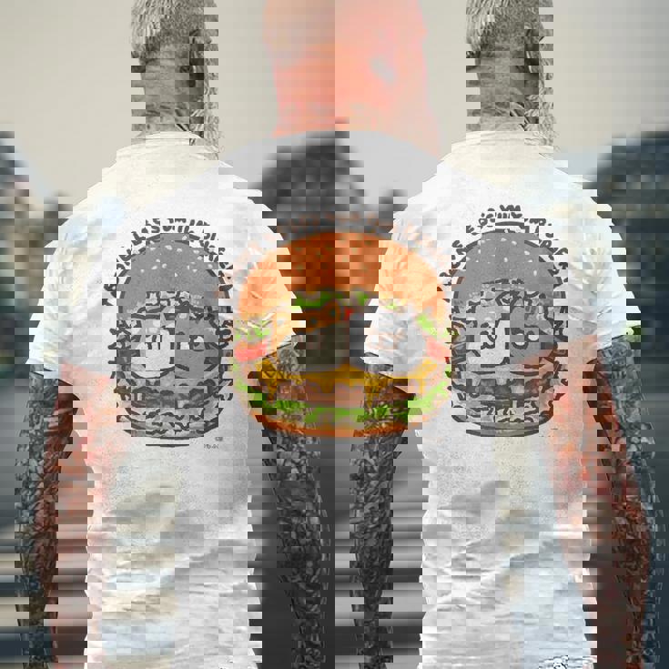 ボンレス犬とボンレス猫 ハンバーガー メンズTシャツ バックプリント 高齢者への贈り物