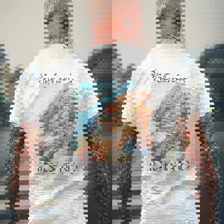 ポジターノ イタリア 旅行 冒険 ミート・ミー・イン・ポジターノ メンズTシャツ バックプリント 高齢者への贈り物