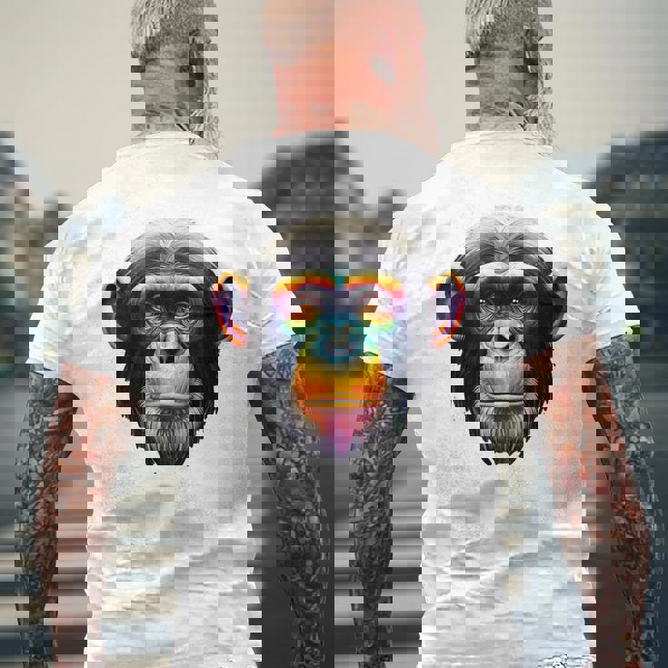 マルチカラー アート カラフル チンパンジー メンズTシャツ バックプリント 高齢者への贈り物