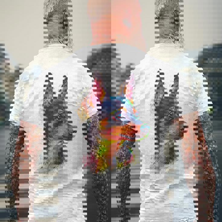 ミニチュア ピンシャー 犬 ペット アート カラフル ミニチュア ピンシャー メンズTシャツ バックプリント 高齢者への贈り物