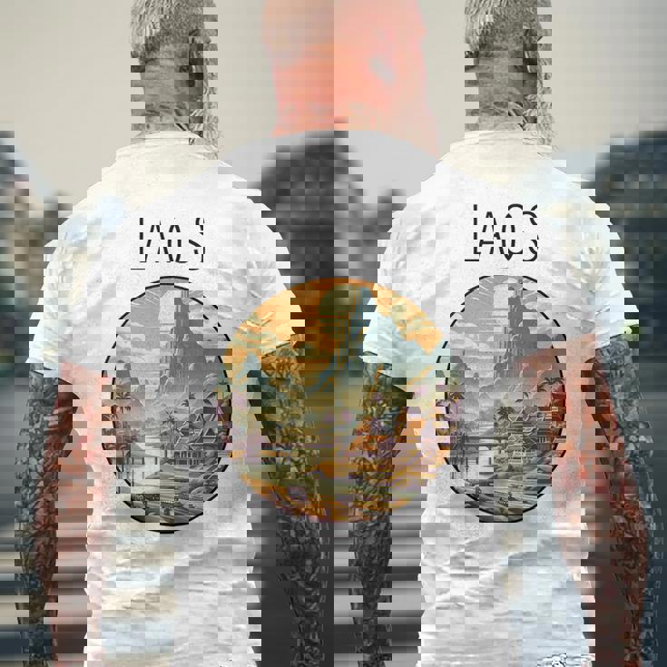 ラオスの風景 アールデコ メンズTシャツ バックプリント 高齢者への贈り物