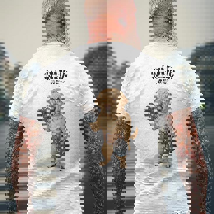 ラブラドールレトリバー 犬用筋肉トレーニング ダンベル付き メンズTシャツ バックプリント 高齢者への贈り物