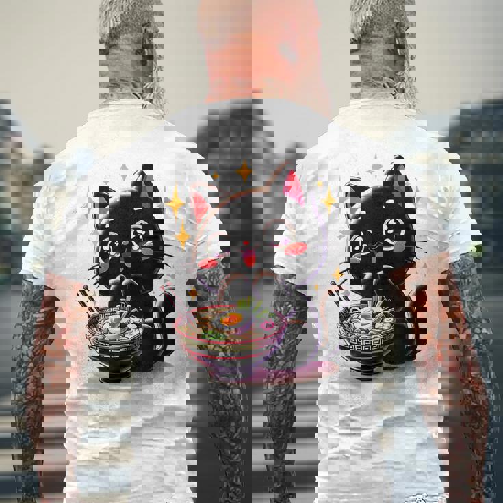 ラーメン猫かわいいアニメ猫ラーメン愛好家甘い メンズTシャツ バックプリント 高齢者への贈り物