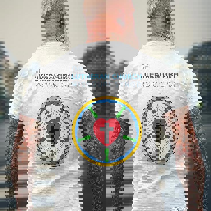 ルーテル教会 ミズーリ州会議 Lcms ローズシールロゴ メンズTシャツ バックプリント 高齢者への贈り物