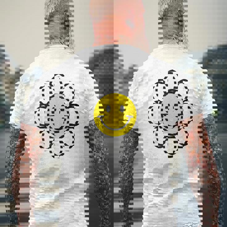 レトロ ヴィンテージ イエロー ハッピー スマイル スマイル フェイス デイジーフラワー メンズTシャツ バックプリント 高齢者への贈り物