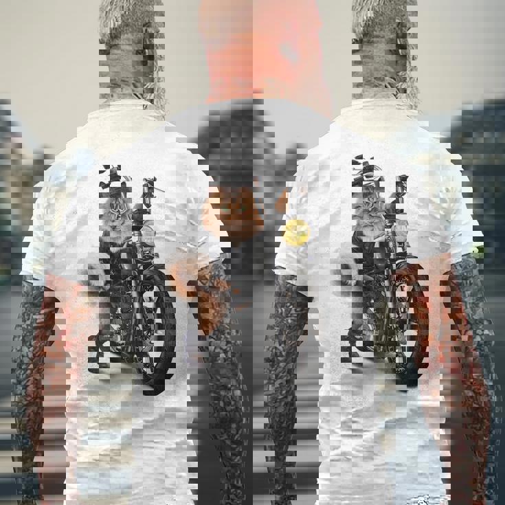 三毛猫 オレンジ猫 ねこ バイク バイカー メンズTシャツ バックプリント 高齢者への贈り物