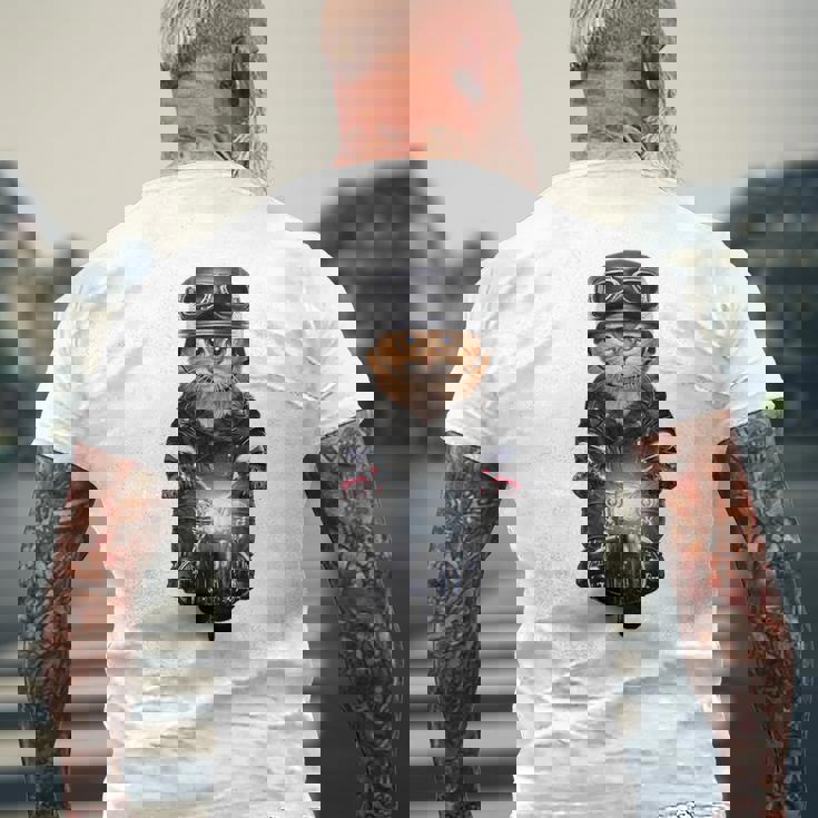 三毛猫 オレンジ猫 ねこ バイク ヘルメット メンズTシャツ バックプリント 高齢者への贈り物