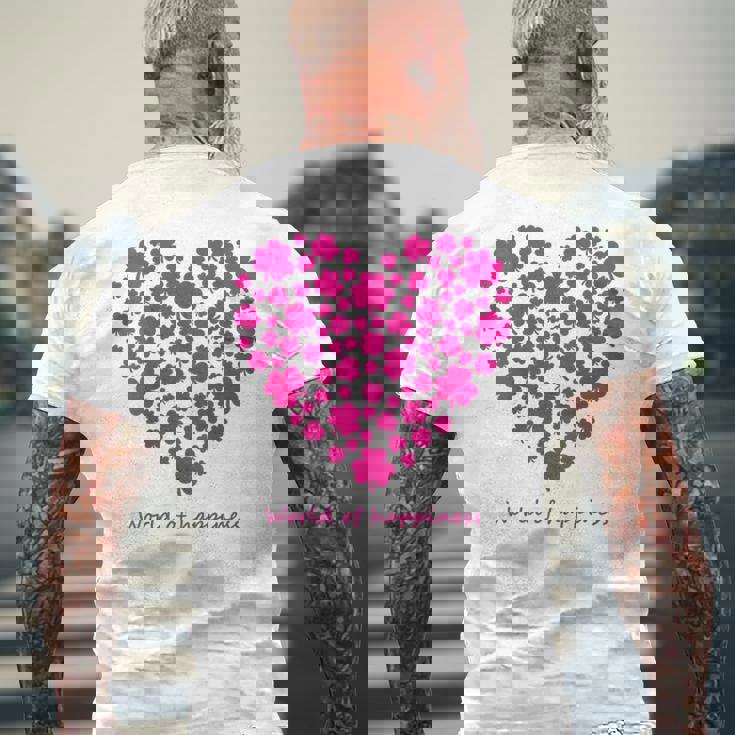 世界中の幸せを願う 可愛い ハート ピンク クローバー 反戦 平和 バックプリント メンズTシャツ バックプリント 高齢者への贈り物