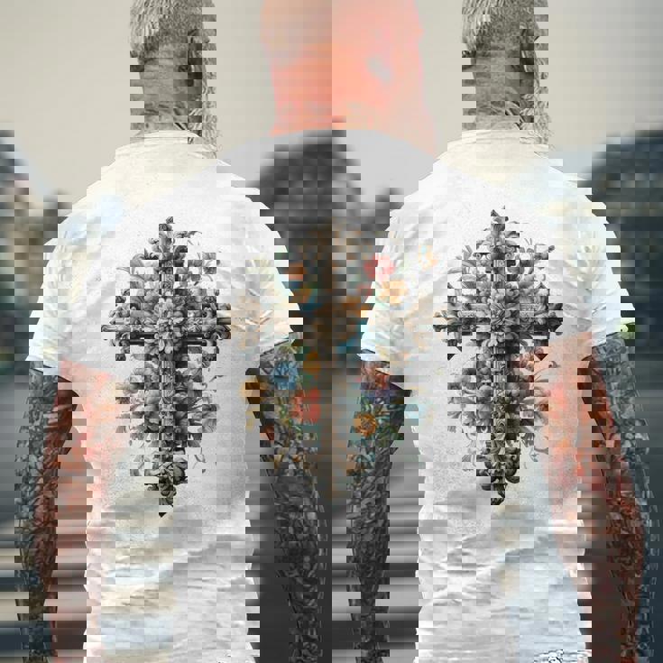 十字架 スピリチュアル キリスト 花 イエス 信仰 十字架 十字架 長袖tシャツ メンズTシャツ バックプリント 高齢者への贈り物