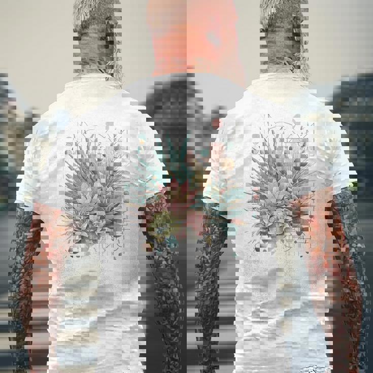 抽象的な幾何学的なボタニカルデザインモダンな植物 多肉植物 メンズTシャツ バックプリント 高齢者への贈り物