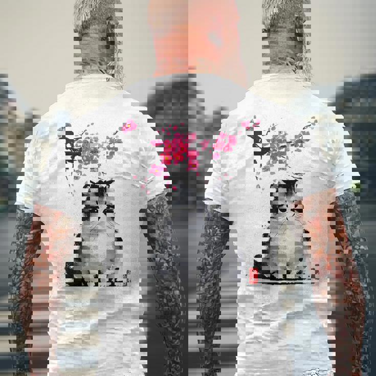 日本の墨絵マンチキン猫 桜 桜アート メンズTシャツ バックプリント 高齢者への贈り物