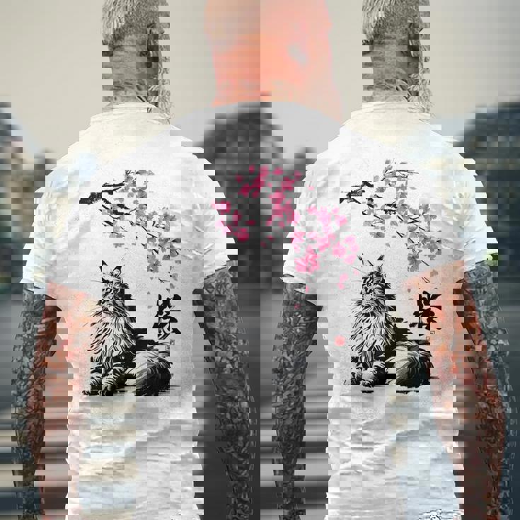 日本美術 メインクーン 猫 桜 桜 メンズTシャツ バックプリント 高齢者への贈り物