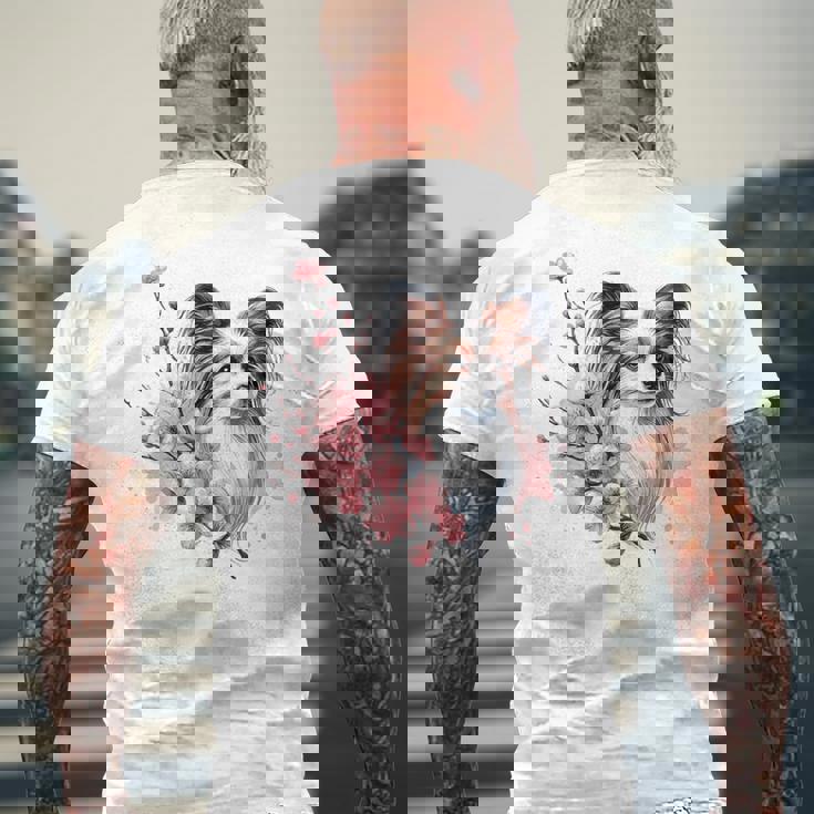 桜 水彩パピヨン メンズTシャツ バックプリント 高齢者への贈り物