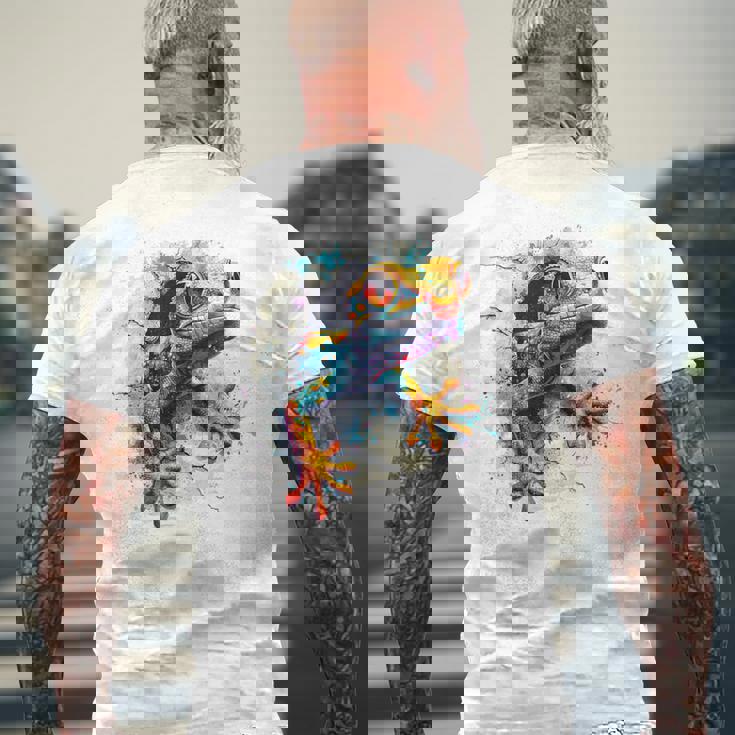 爬虫類とカラフルなヤモリ メンズTシャツ バックプリント 高齢者への贈り物