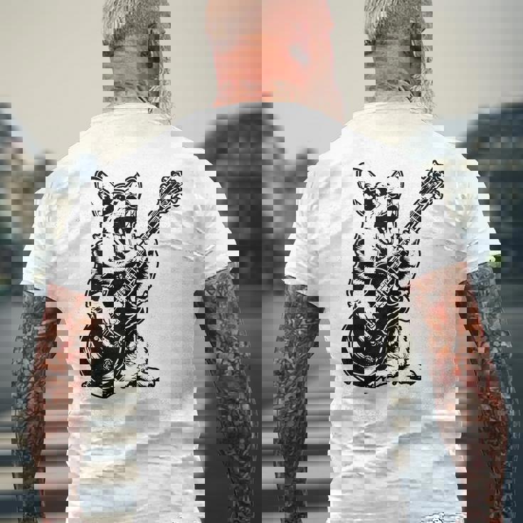 犬 ギタリスト ギター ペンブローク ウェールズ コーギー パパ ママ メンズTシャツ バックプリント 高齢者への贈り物