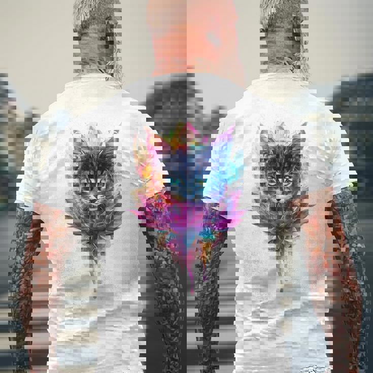 猫 花 カラフル かわいい アート 動物好き グラフィック 猫 メンズTシャツ バックプリント 高齢者への贈り物