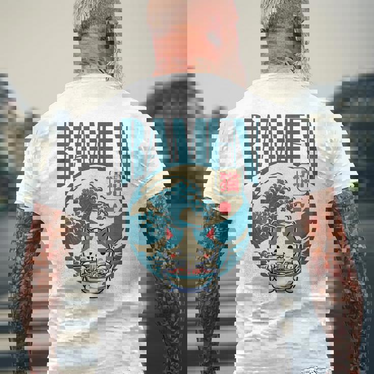 猫食べるラーメン キッズ&大人、日本の神奈川波ラーメン メンズTシャツ バックプリント 高齢者への贈り物