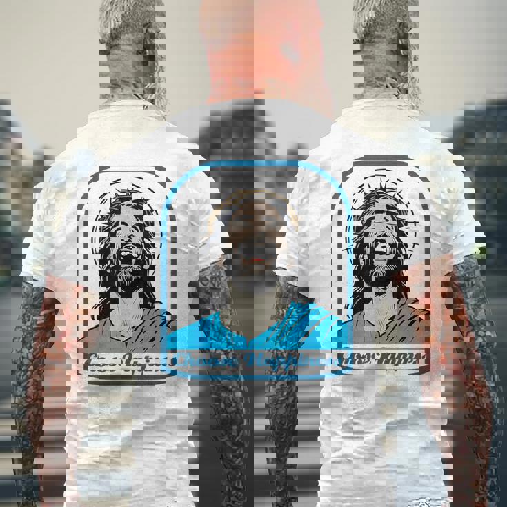 笑うイエス キリスト 喜び 幸せな笑顔 自信 いばらの冠 満足感 クリスマスプレゼント 贈り物 お土産 ポジティブ メンズTシャツ バックプリント 高齢者への贈り物