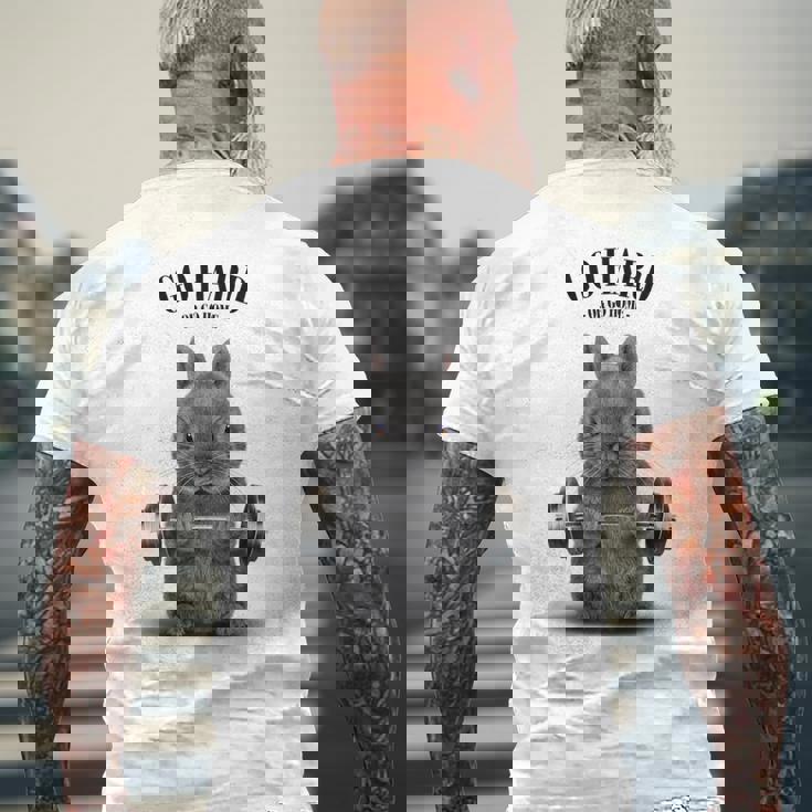 筋トレ ネザーランドドワーフ ウサギ ブルー メンズTシャツ バックプリント 高齢者への贈り物