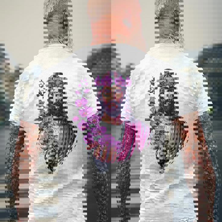 紫の蘭を持つイエス メンズTシャツ バックプリント 高齢者への贈り物